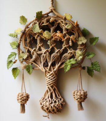 Nature-inspired Wall Hanging With Leaves And Vines On Wooden Plate a handcrafted art nouveau-style tree made of reeds, featuring a hanging basket. this unique piece showcases cranberrycore aesthetics and incorporates organic stone carvings. the intricate design includes whirring contrivances and is made primarily of vines. a stunning creation that combines natural elements with artistic craftsmanship. ai generated